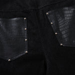 Croc Textured Panels Edgy Black Denim Wide Leg Jeans