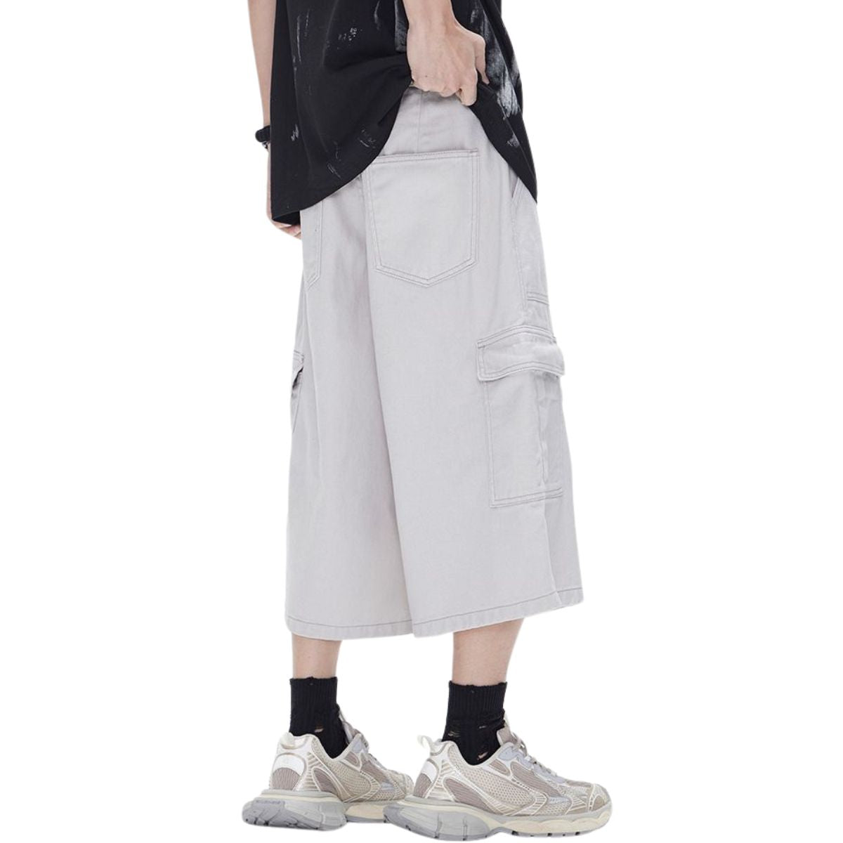 Solid Cargo Wide-Leg Cropped Pants