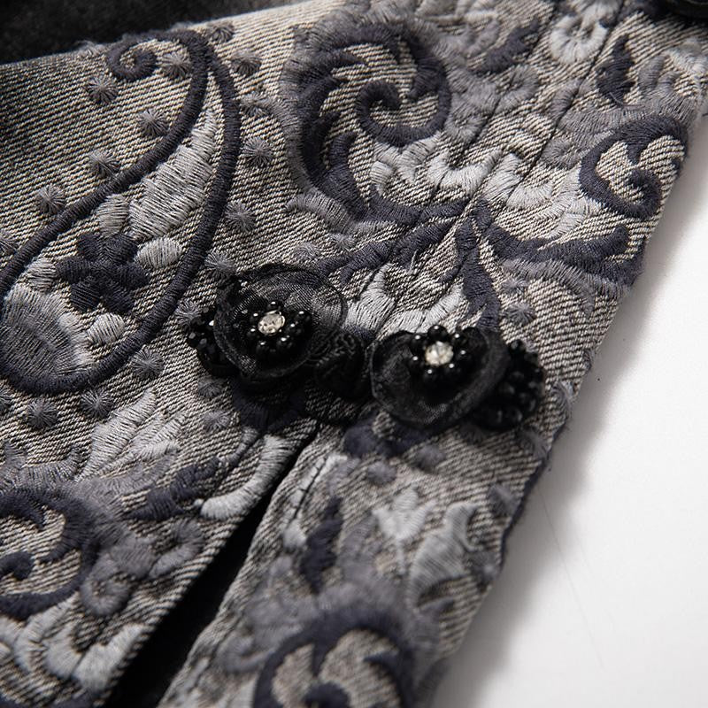 Raw-Edge Hem Heavily Embroidered Denim Skirt