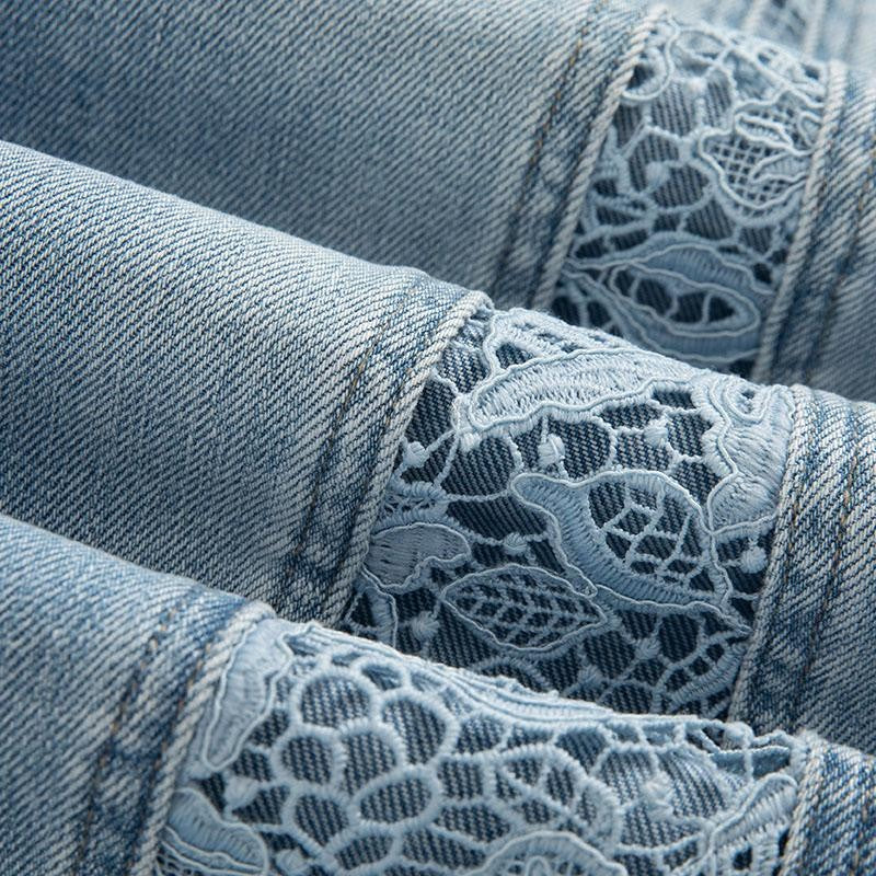 Risen Jeans Pearl-Beaded Frog Closure Jeans with Cut-Outs