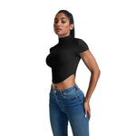 Mock Neck Curved-Hem Crop Tee