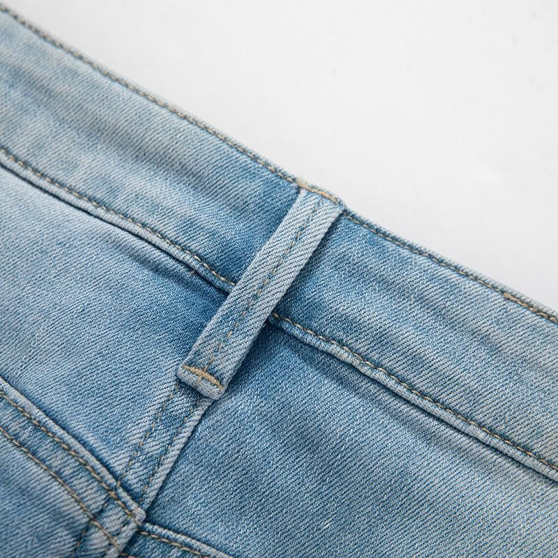 Heavy-Embroidered Rhinestone Denim A-Line Skirt