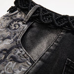 Raw-Edge Hem Heavily Embroidered Denim Skirt