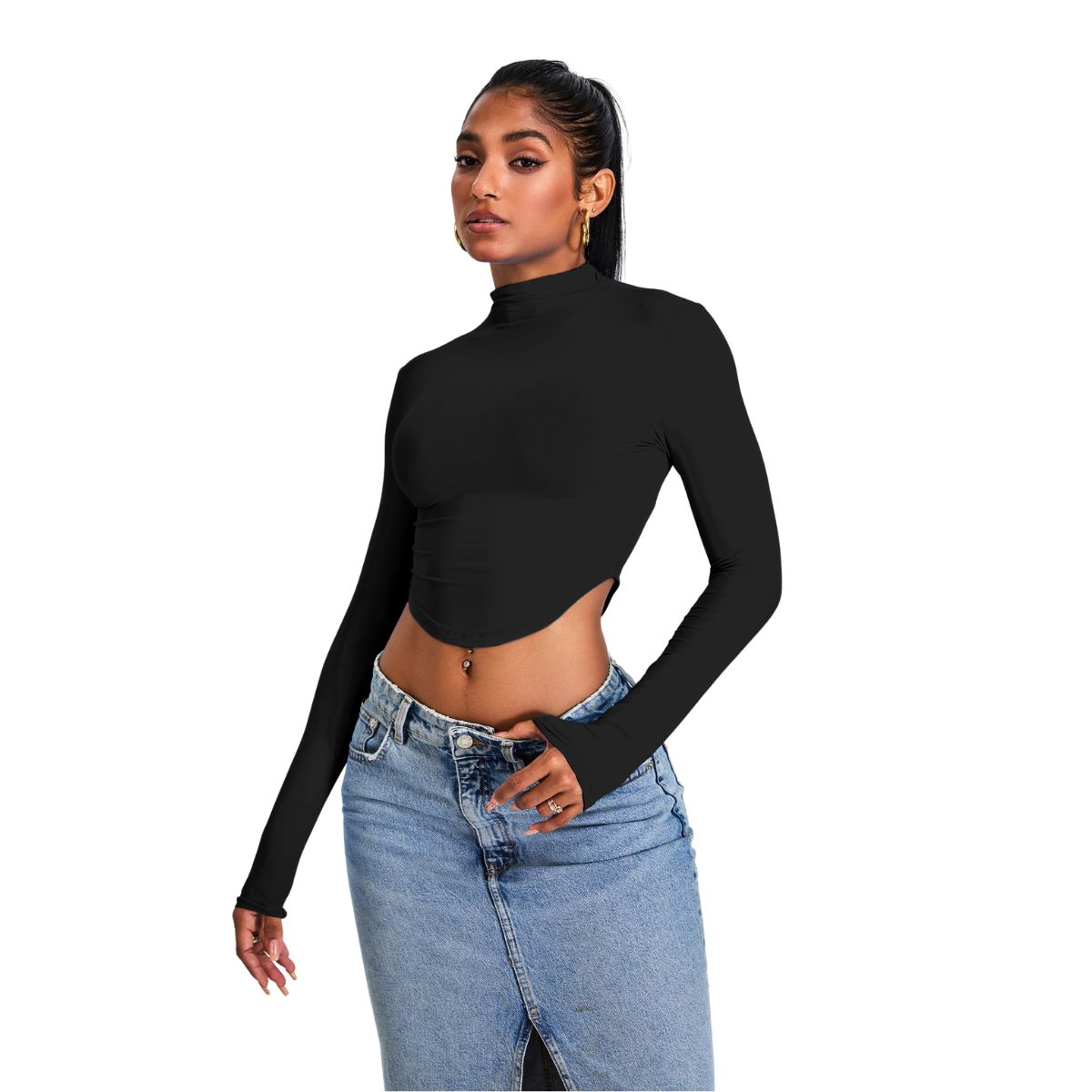 Mock Neck Curved-Hem Long-Sleeve Top