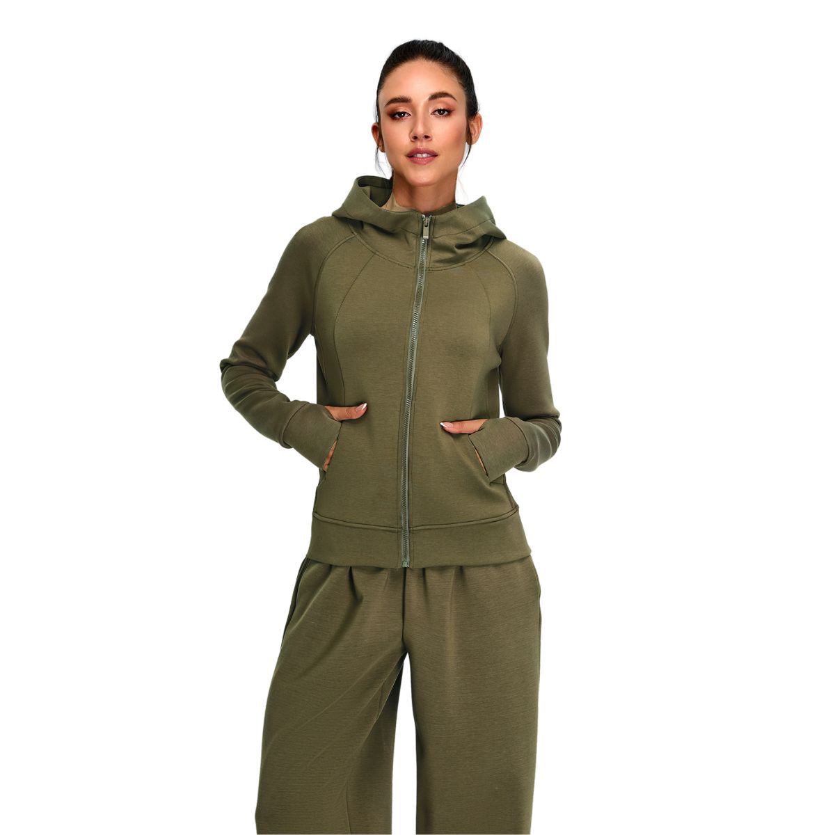 Sudadera con capucha y cierre completo, de color liso y corte holgado