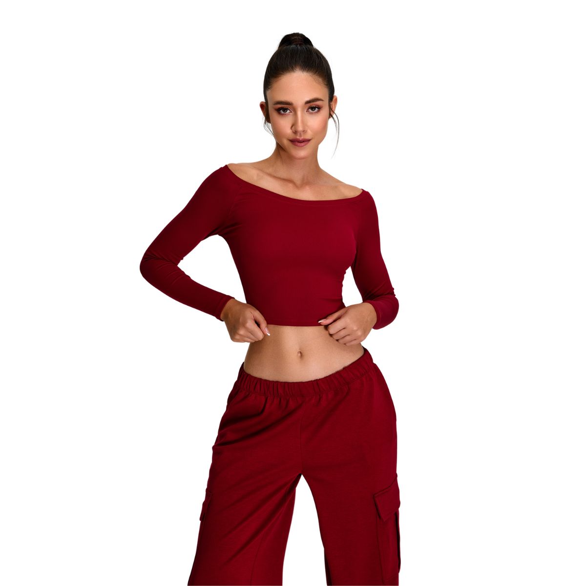 Off-Shoulder Seamless Long-Sleeve Crop Tee