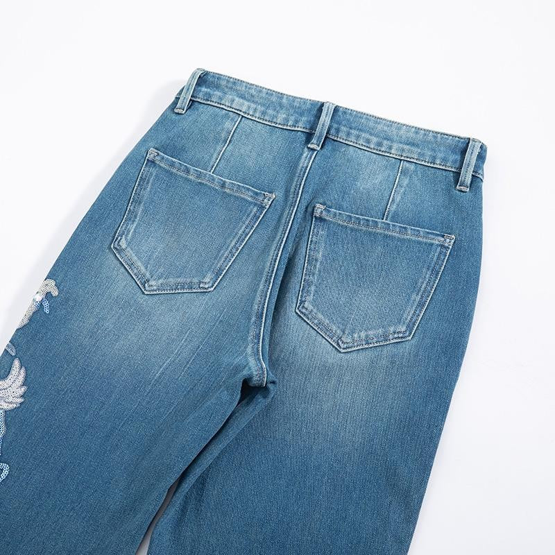 Risen Jeans Phoenix-Embroidered Sequin Tapered Ankle Jeans