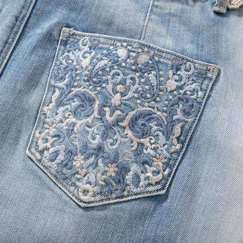 Raw-Edge Hem Heavily Embroidered Denim Skirt
