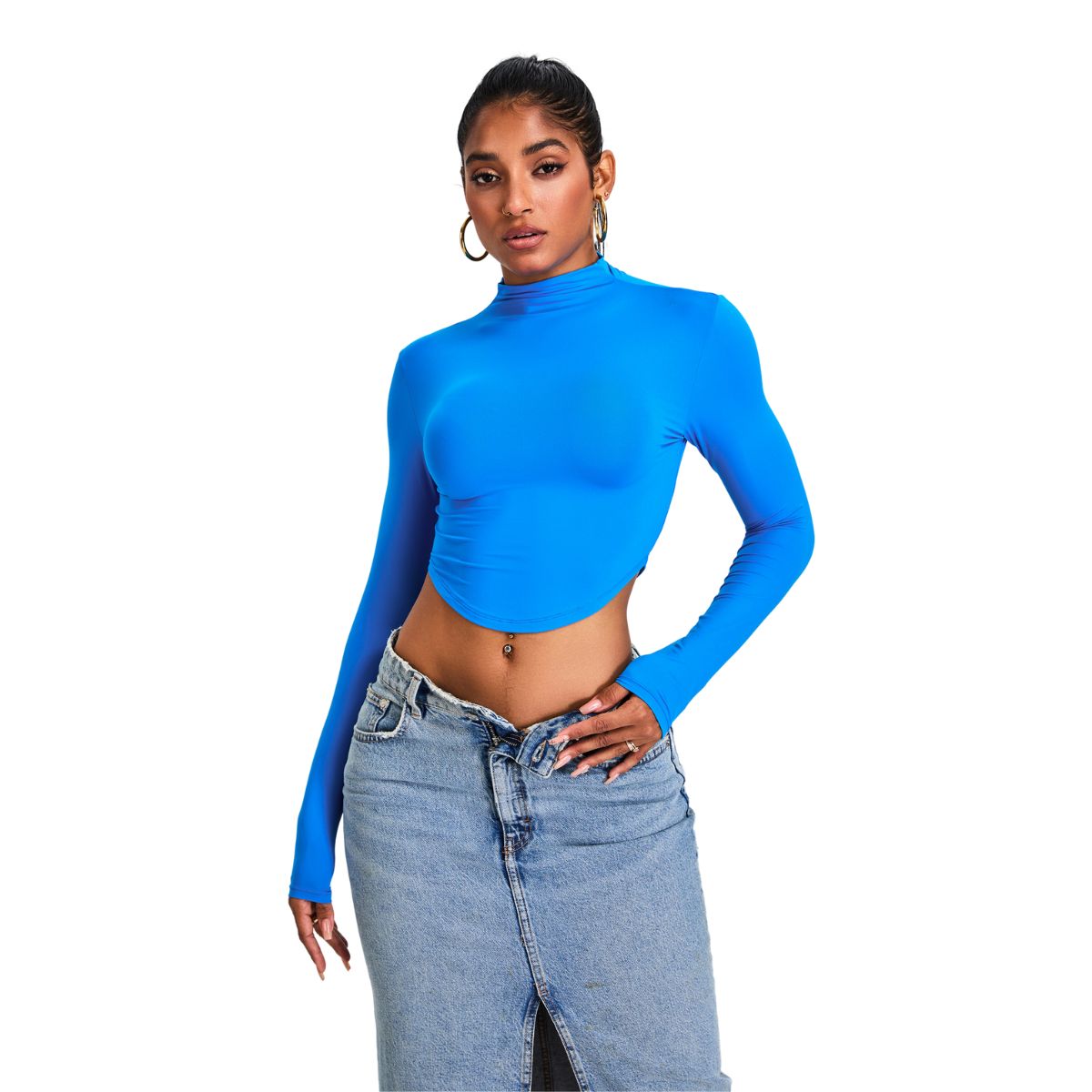 Mock Neck Curved-Hem Long-Sleeve Top