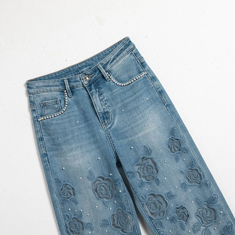 Risen Jeans Rose Embroidered Lace-Cut Jeans with Pearl Beading
