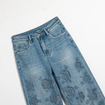 Risen Jeans Rose Embroidered Lace-Cut Jeans with Pearl Beading