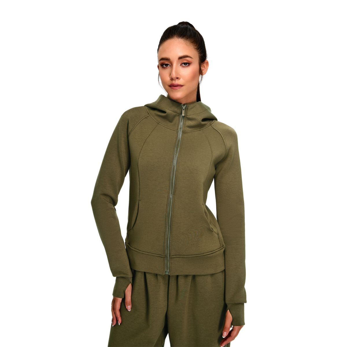 Sudadera con capucha y cierre completo, de color liso y corte holgado