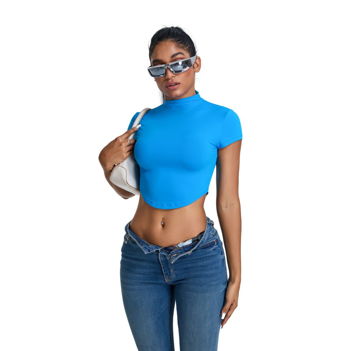 Mock Neck Curved-Hem Crop Tee