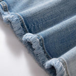 Raw-Edge Hem Heavily Embroidered Denim Skirt