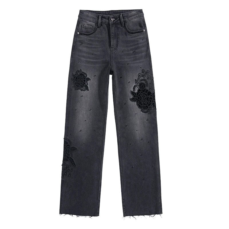 Risen Jeans Pearl-Embellished Floral-Embroidered Whisker Jeans