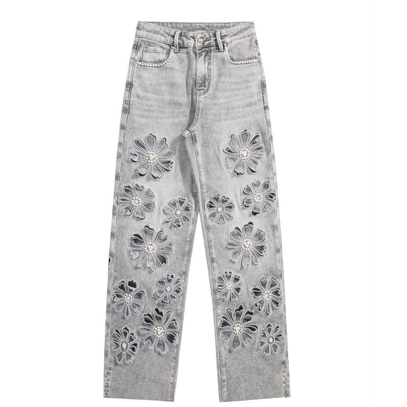 Risen Jeans Beaded-Embroidered Floral Cut-Out Ankle Jeans