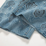 Risen Jeans Rose Embroidered Lace-Cut Jeans with Pearl Beading