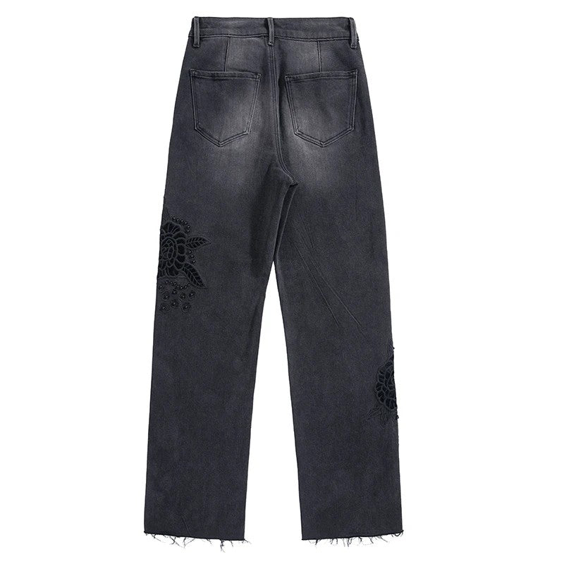 Risen Jeans Pearl-Embellished Floral-Embroidered Whisker Jeans