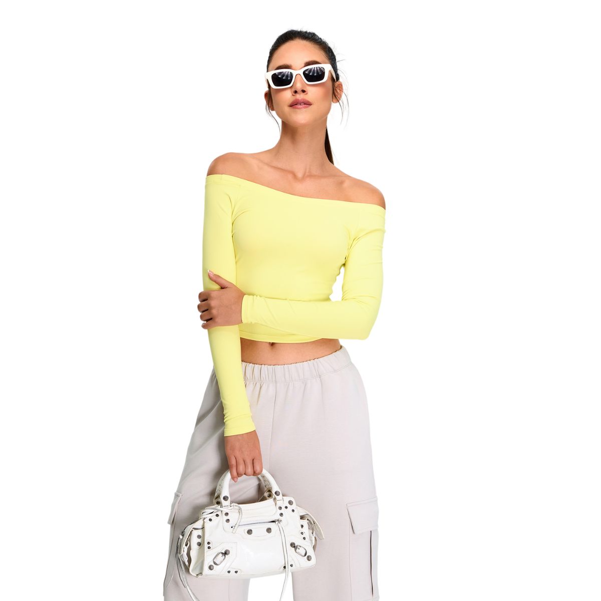 Off-Shoulder Seamless Long-Sleeve Crop Tee