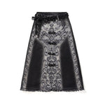 Raw-Edge Hem Heavily Embroidered Denim Skirt
