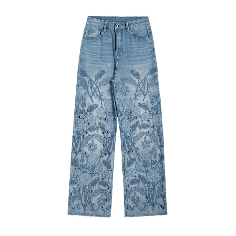 Risen Jeans Wide-Leg Rose-Embroidered Cut-Outs Jeans