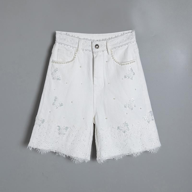 Pearl-embellished Embroidered Butterfly Denim Shorts