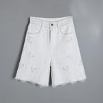 Pearl-embellished Embroidered Butterfly Denim Shorts