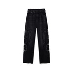 Vaqueros de cintura alta con aberturas y cuentas de perlas