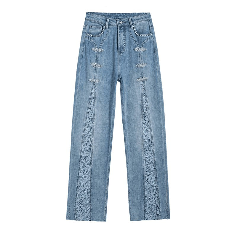 Risen Jeans Pearl-Beaded Frog Closure Jeans with Cut-Outs