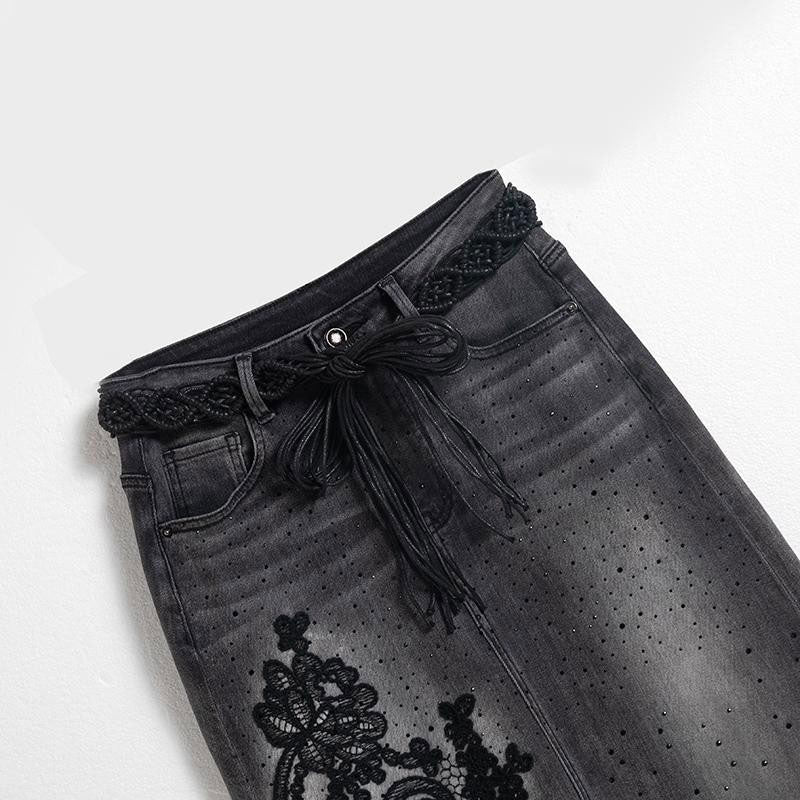 Embroidered & Rhinestone-Transferred Denim Skirt