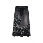 Embroidered & Rhinestone-Transferred Denim Skirt
