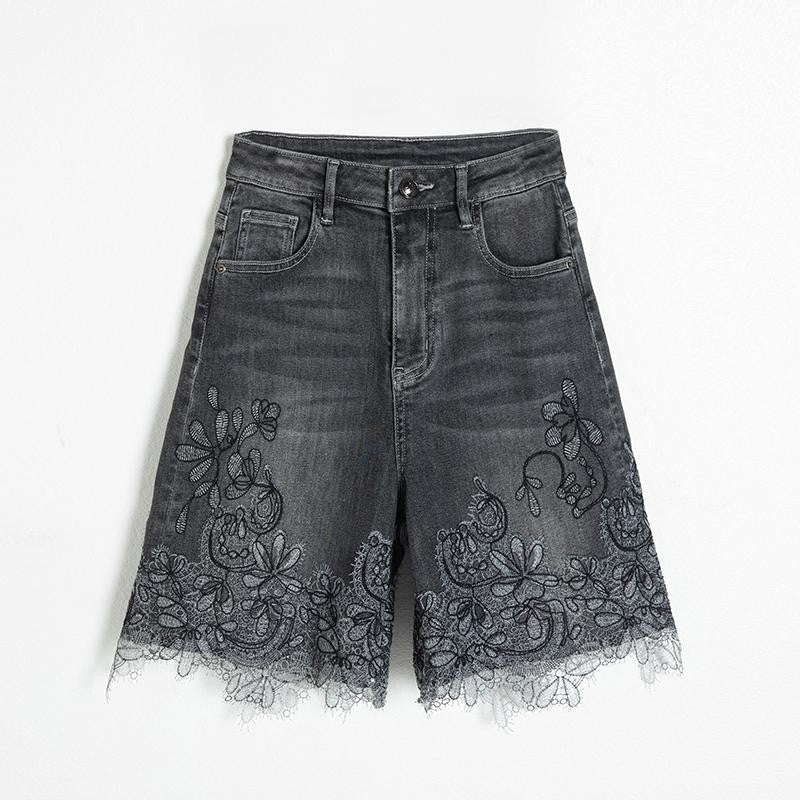 Asymmetric Heavy Embroidered Denim Shorts