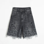 Asymmetric Heavy Embroidered Denim Shorts