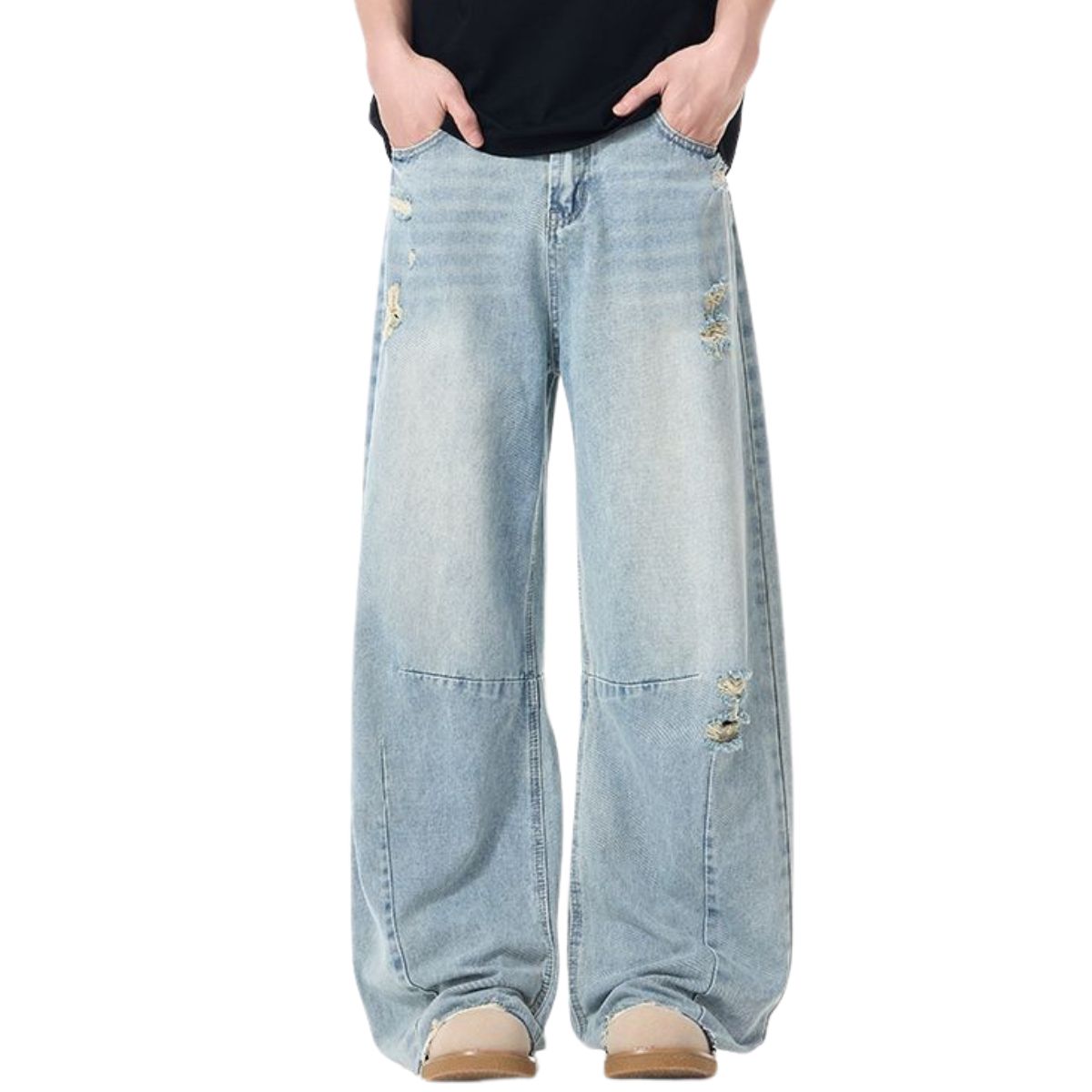 Whisker Barrel-Leg Ripped Denim Pants