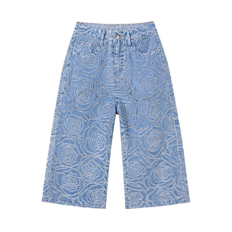 Floral Lace-Cut Cropped Denim Pants