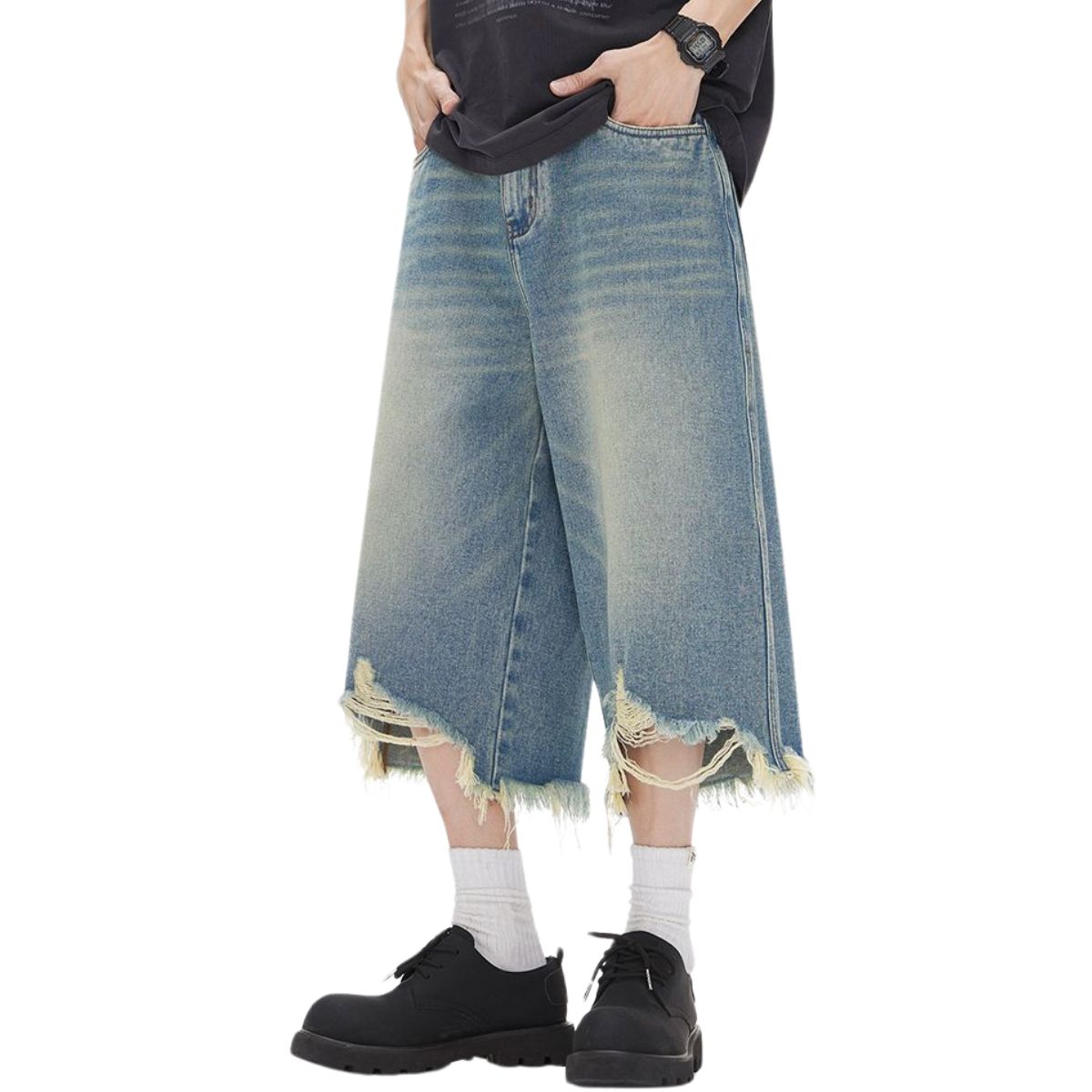 Mud WashedDestroyed Raw-Hem Wide-Leg Cropped Jeans