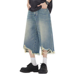 Mud WashedDestroyed Raw-Hem Wide-Leg Cropped Jeans