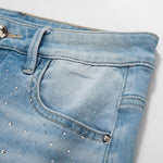 Heavy-Embroidered Rhinestone Denim A-Line Skirt