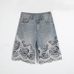 Pearl & Rhinestone Lace-Cut Denim Shorts