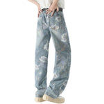 Floral Print Washed Straight Leg Jeans