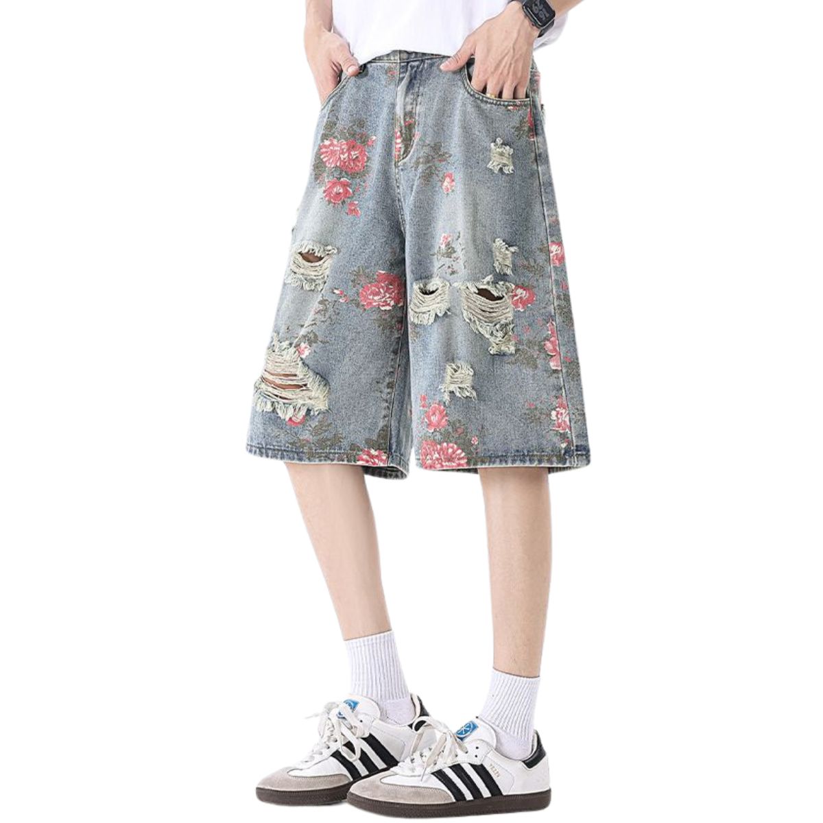 Bermudas vaqueras rasgadas con estampado floral