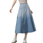 High-Waisted Pleated Knit Denim Midi Skirt