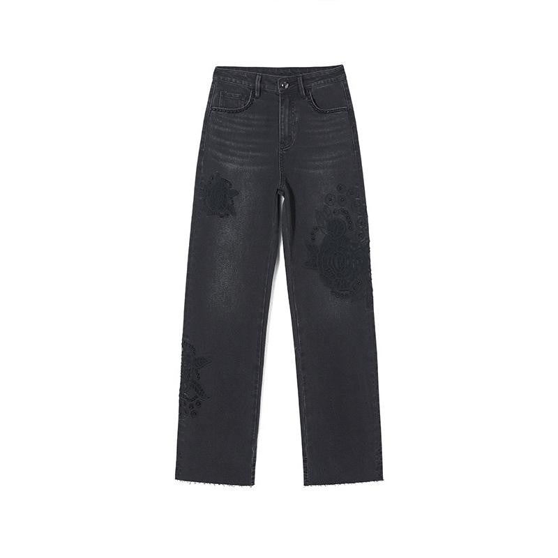 Risen Jeans Pearl-Embellished Embroidery Cut-Out Whisker Jeans