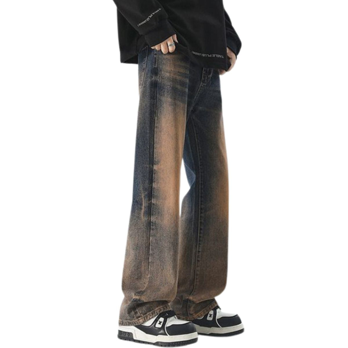 Mud Washed Whisker Baggy Denim Jeans