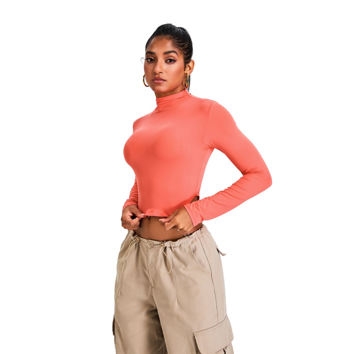 Mock Neck Curved-Hem Long-Sleeve Top
