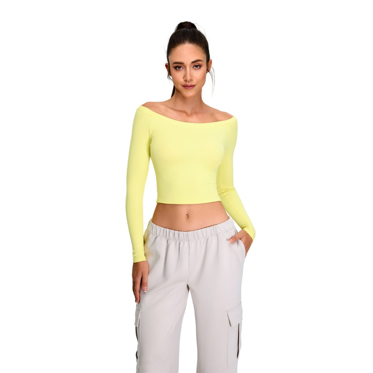 Off-Shoulder Seamless Long-Sleeve Crop Tee