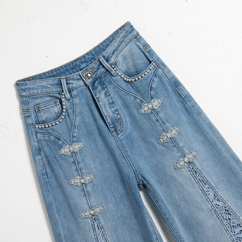 Risen Jeans Pearl-Beaded Frog Closure Jeans with Cut-Outs