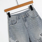 Pearl & Rhinestone Lace-Cut Denim Shorts