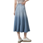 High-Waisted Pleated Knit Denim Midi Skirt