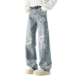 Floral Print Washed Straight Leg Jeans
